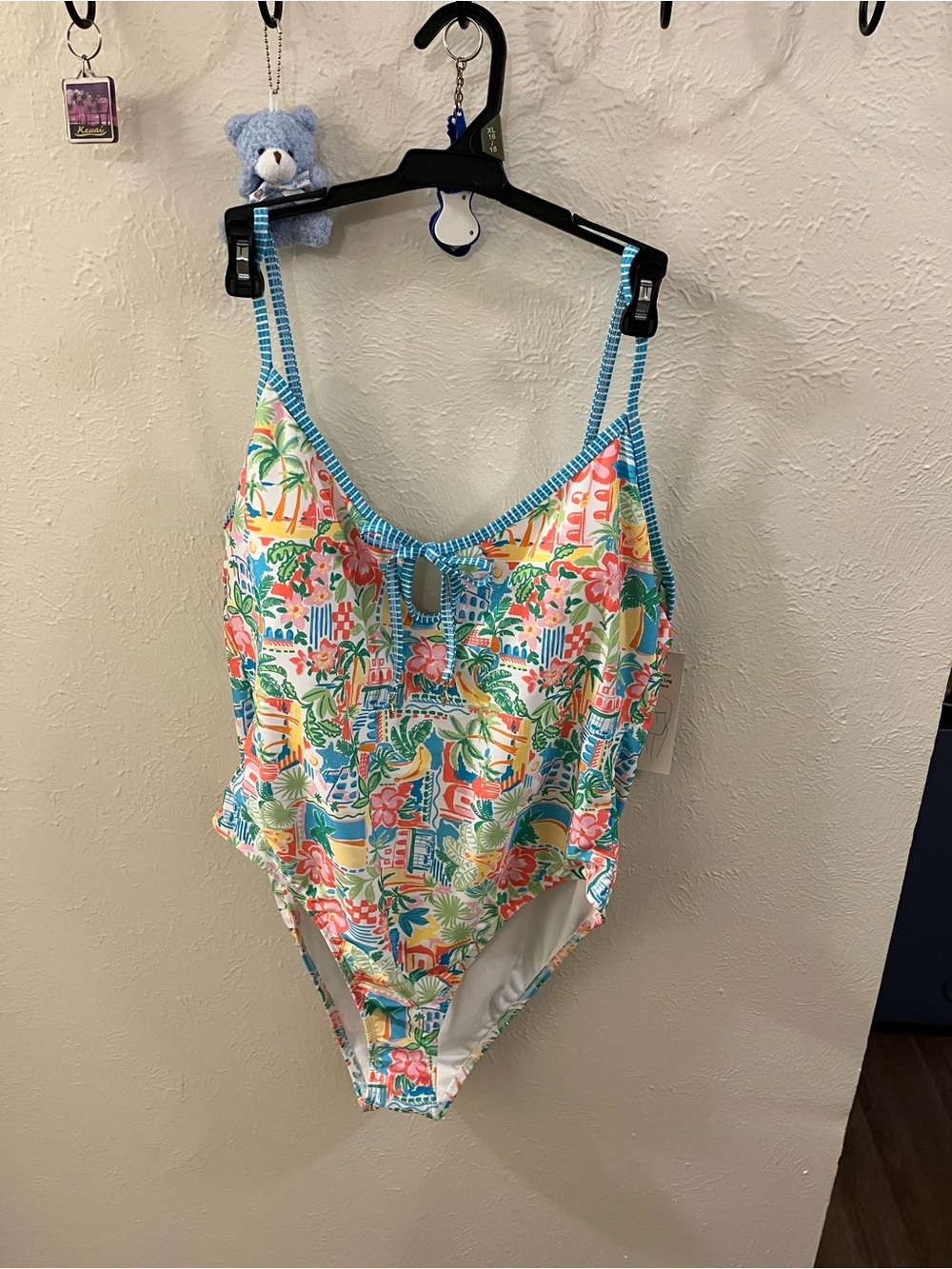 Tropical Print One-Piece Swimsuit with Blue Trim